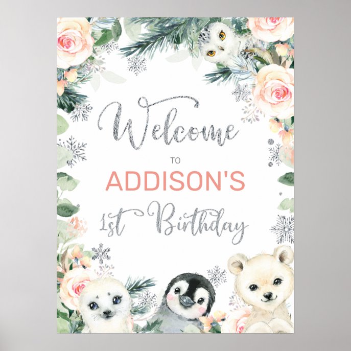 Pink Floral Winter First Birthday Welcome Sign