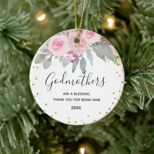 Pink Floral Winter Godmothers Gold Ceramic Ornament