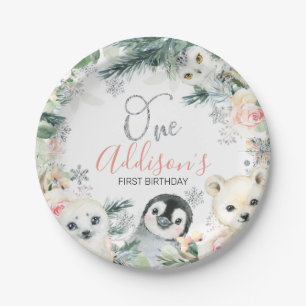 Pink Floral Winter Onederland Birthday  Paper Plates