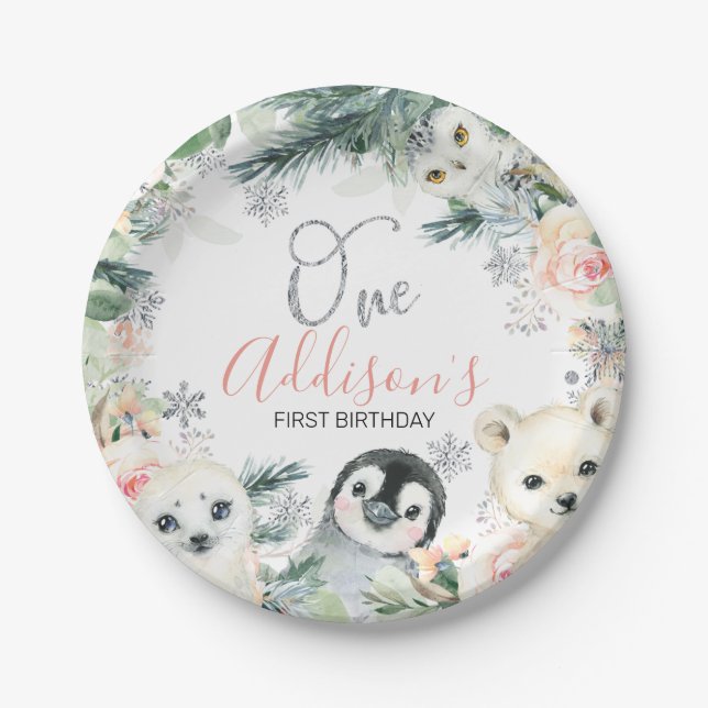 Pink Floral Winter Onederland Birthday  Paper Plates (Front)