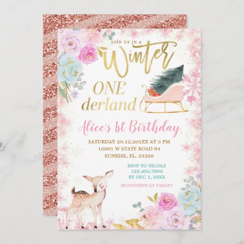 Pink Floral Winter Onederland Sleigh Birthday  Invitation