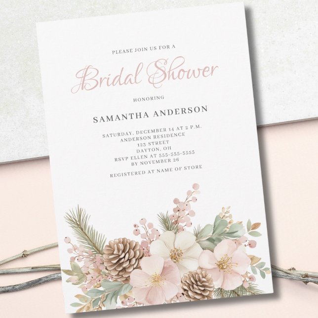 Pink Floral Winter Pine Bridal Shower Invitation (Creator Uploaded)