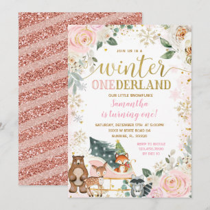 Pink Floral Winter Snowflake Sleigh Birthday Invitation