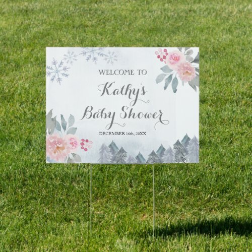  Pink Floral Winter Snowflakes Baby Shower Welcome Sign