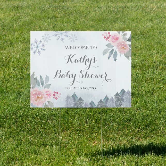  Pink Floral Winter Snowflakes Baby Shower Welcome Sign (Insitu)