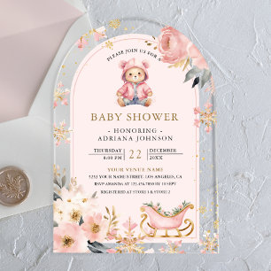 Pink Floral Winter Teddy Bear Arch Baby Shower Acrylic Invitations