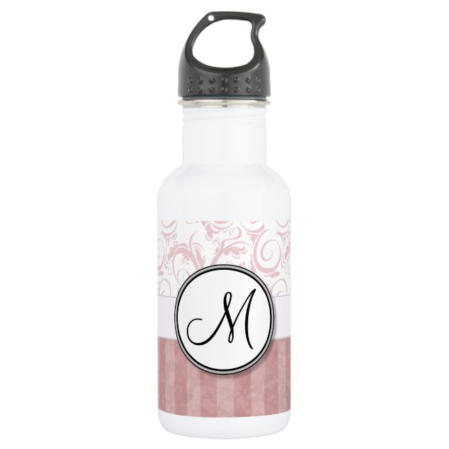 Pink Floral Wisps & Stripes with Monogram Stainless Steel Water Bottle (Front)
