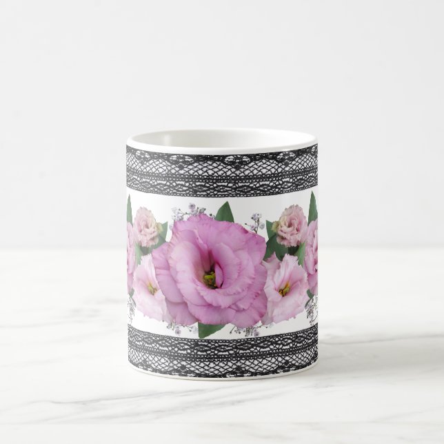 Pink Floral With Black Lace Border Coffee Mug (Center)