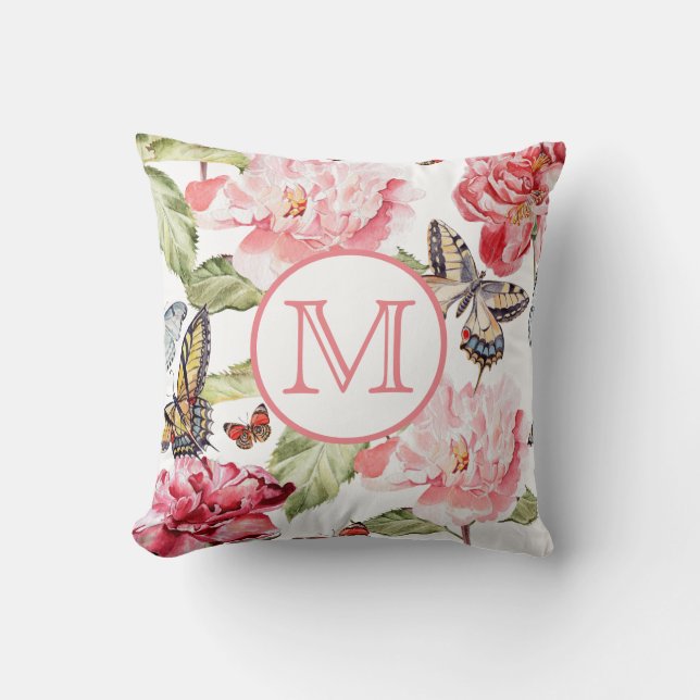 Pink Floral with Butterflies and Monogram Throw Pillow (Front)