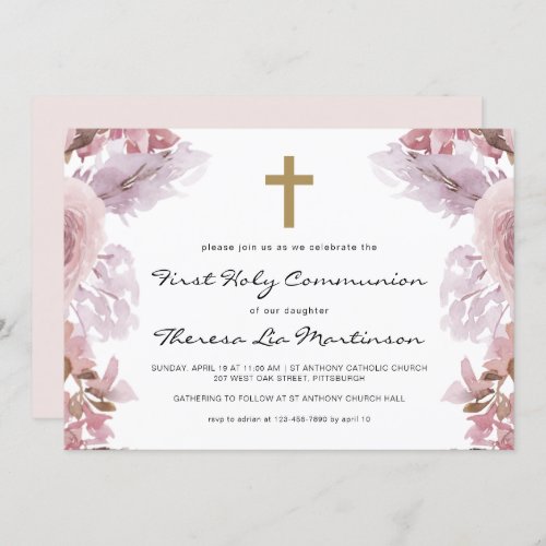 Pink Floral with Cross First Holy Communion Invitation