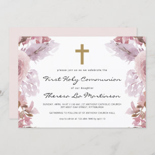 Pink Floral with Cross First Holy Communion Invitation