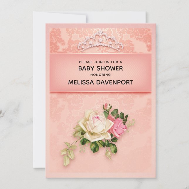Pink floral with Diamond Tiara Elegant Baby Shower Invitation (Front)