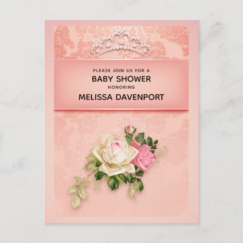 Pink floral with Diamond Tiara Elegant Baby Shower Invitation Postcard