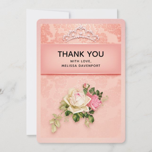 Pink floral with Diamond Tiara Elegant Design Thank You Card (Front)