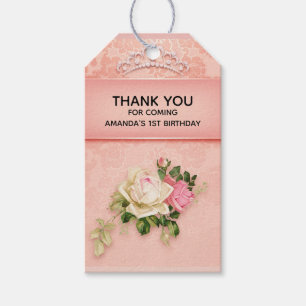 Pink floral with Diamond Tiara Princess Birthday Gift Tags