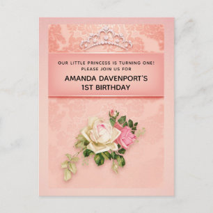 Pink floral with Diamond Tiara Princess Birthday Invitation Postcard
