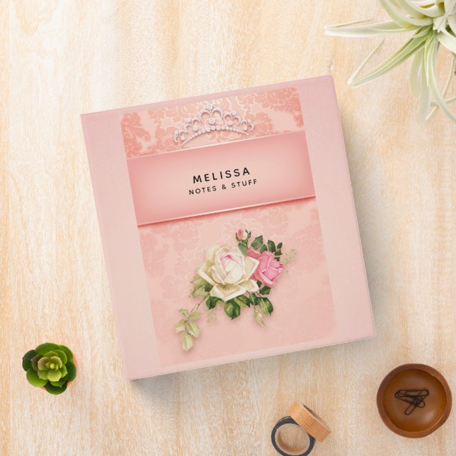 Pink floral with Diamond Tiara Princess Design 3 Ring Binder (In Situ)