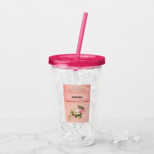 Pink floral with Diamond Tiara Princess Design Acrylic Tumbler