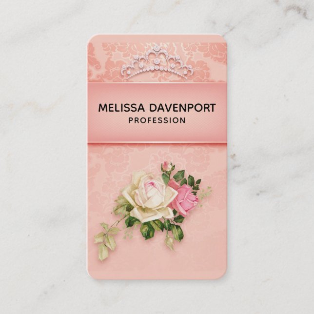 Pink floral with Diamond Tiara Princess Design Business Card (Front)