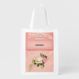 Pink floral with Diamond Tiara Princess Design Grocery Bag