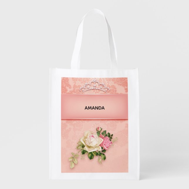 Pink floral with Diamond Tiara Princess Design Grocery Bag (Front)