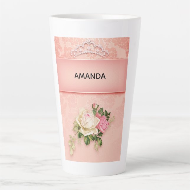 Pink floral with Diamond Tiara Princess Design Latte Mug (Front)
