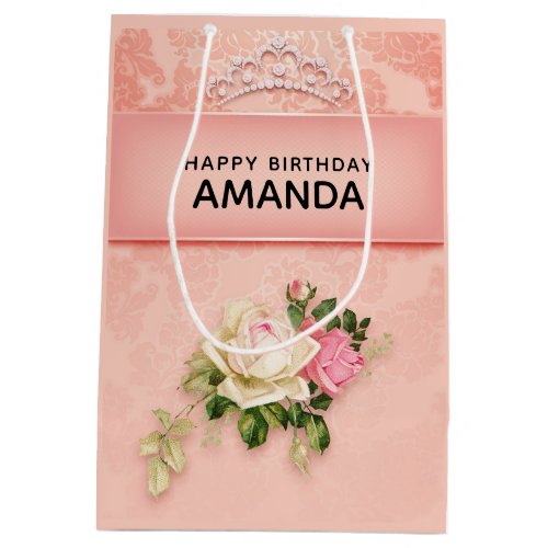 Pink floral with Diamond Tiara Princess Design Medium Gift Bag