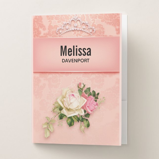 Pink floral with Diamond Tiara Princess Design Pocket Folder (Front)