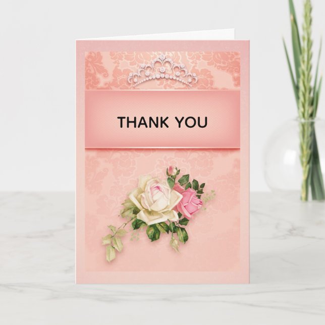 Pink floral with Diamond Tiara Princess Thank You Card (Front)