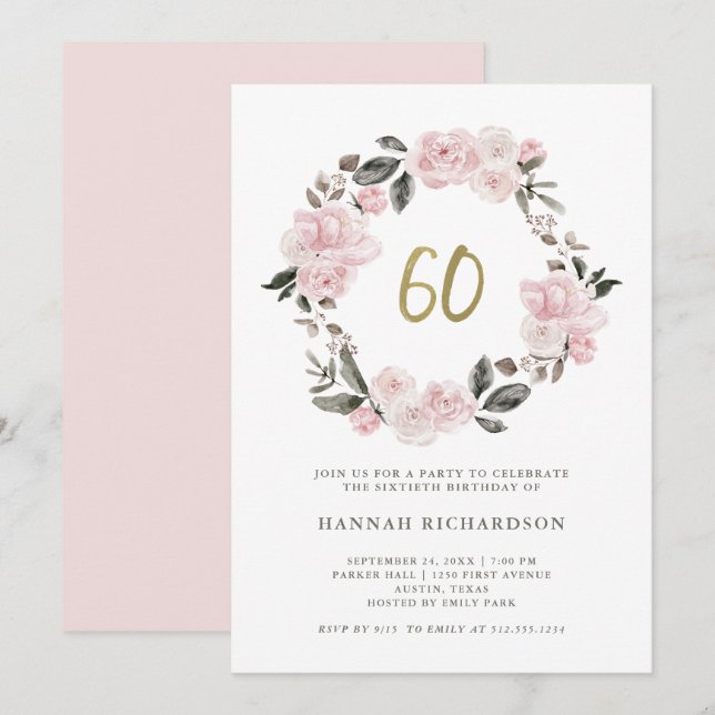 Pink Floral with Faux Gold | 60th Birthday Invitation (Front/Back)
