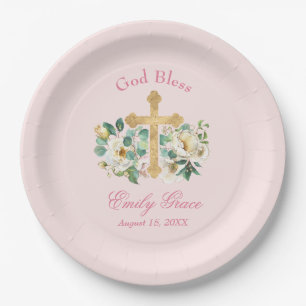 Pink Floral with Gold Cross Baptism Paper Plates