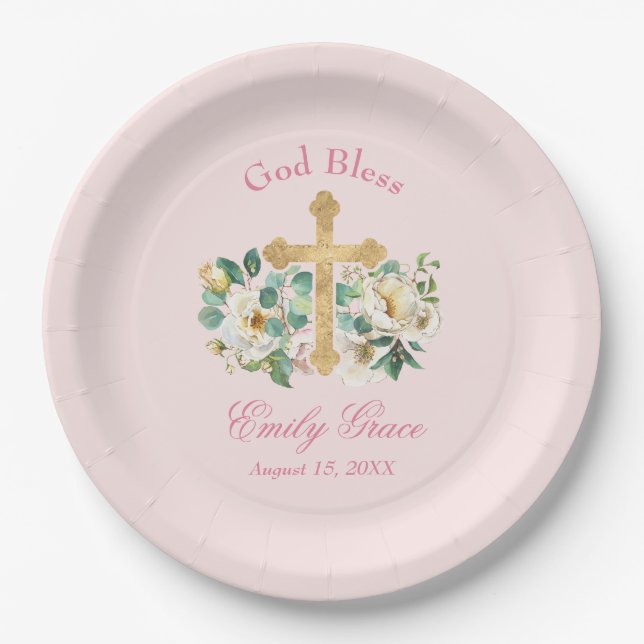Pink Floral with Gold Cross Baptism Paper Plates (Front)