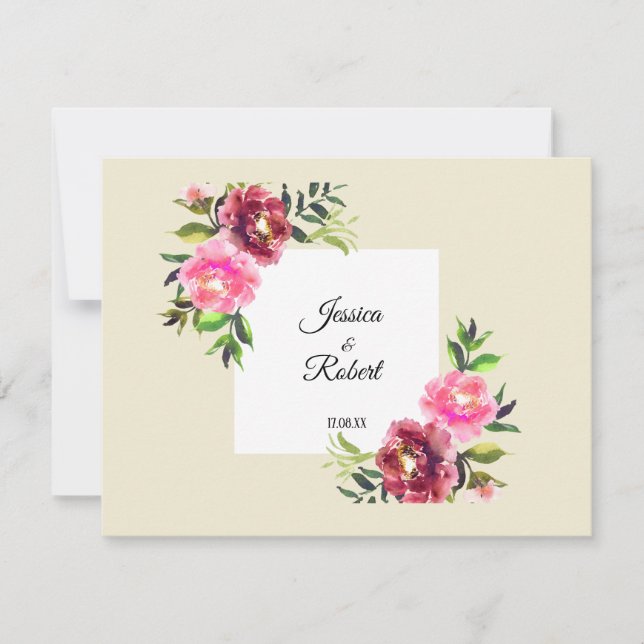 pink floral with leaf simple rustic modern wedding note card (Front)