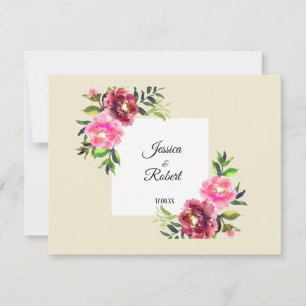 pink floral with leaf simple rustic modern wedding note card