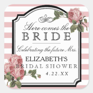 Pink Floral With Stripes Bridal Shower Favor Square Sticker