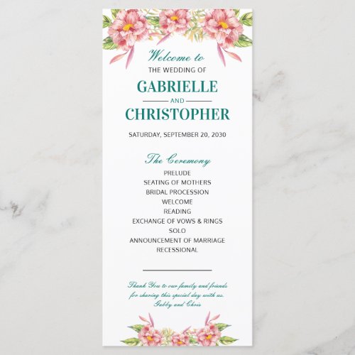 Pink Floral with Teal Accents Wedding Program