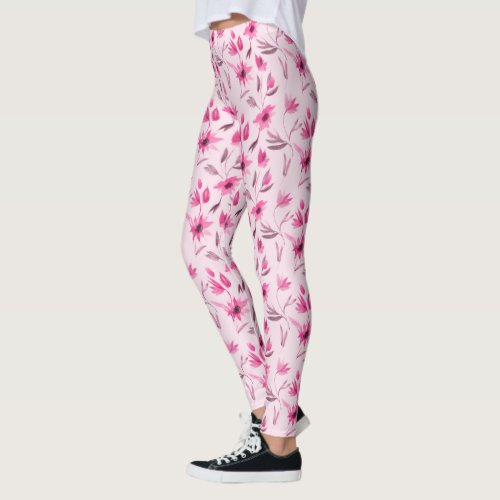 Pink Floral Womens Yoga High Waisted Leggings