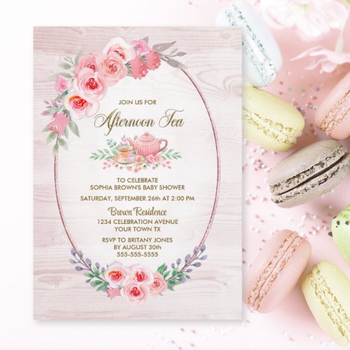 Pink Floral Wood Afternoon Tea Baby Shower Invitation