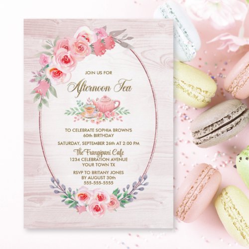 Pink Floral Wood Any Age Afternoon Tea Birthday Invitation