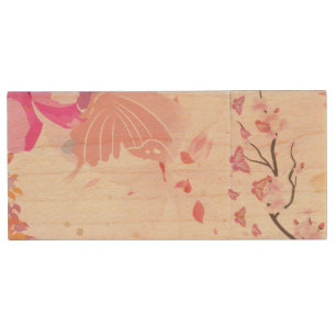 pink floral wood flash drive