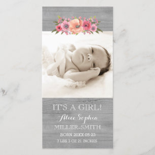 Pink Floral Wood Photo Baby Birth Announcement