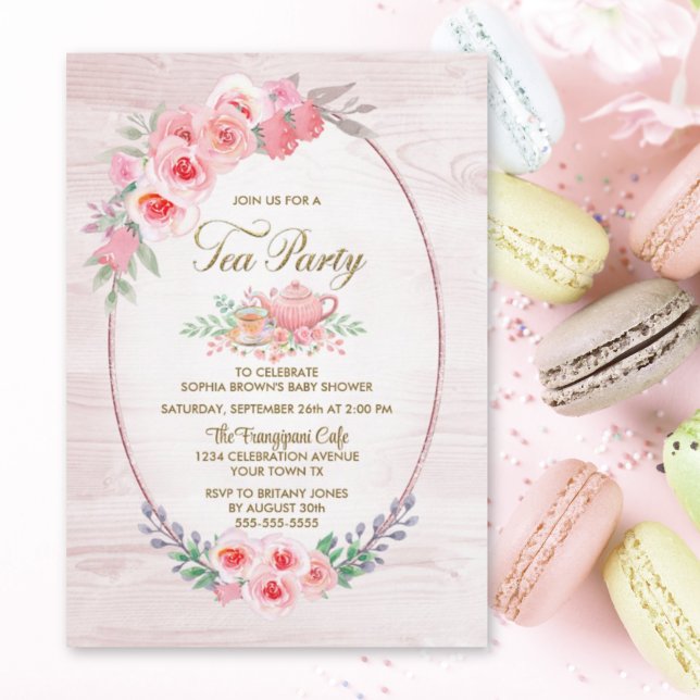 Pink Floral Wood Tea Party Baby Shower Invitation (Creator Uploaded)