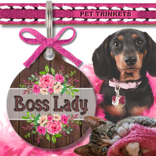 Pink Floral Wooden Boss Lady Pet ID Tag