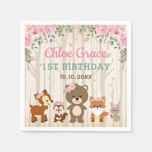 Pink Floral Woodland 1st Birthday Girl Baby Shower Napkins (Front)