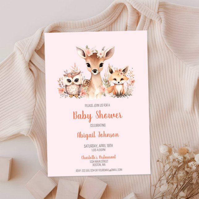 Pink Floral Woodland Animal Baby Shower Invitation (Boho Blush Pink Floral Woodland Animal Baby Shower, Deer Owl Fox, Baby Girl Shower, Chic Modern)