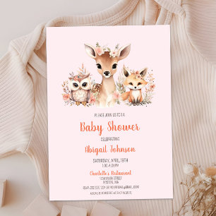 Pink Floral Woodland Animal Baby Shower Invitation