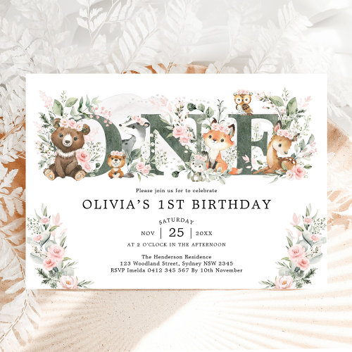 Pink Floral Woodland Animals 1st Birthday Girl