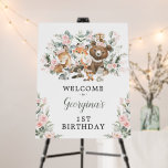 Pink Floral Woodland Animals 1st Birthday Welcome Foam Board<br><div class="desc">This adorable welcome sign features soft watercolor sage greenery,  pink blush florals and sweet woodland animals. Perfect for a girl baby shower / birthday.</div>