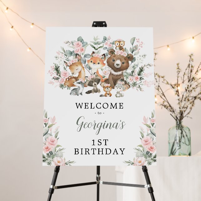 Pink Floral Woodland Animals 1st Birthday Welcome Foam Board (In Situ (Stand))
