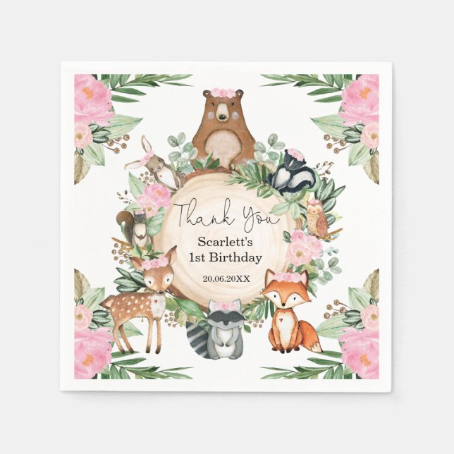 Pink Floral Woodland Animals Baby Girl Birthday Napkins (Front)